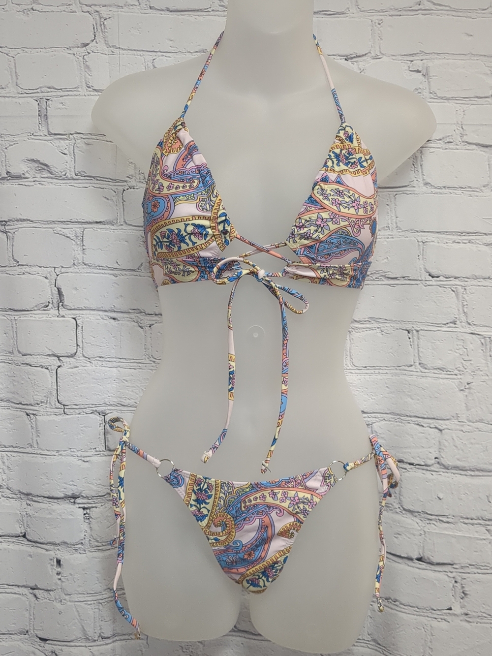 Paisley Print Triangle String Bikini - Pink, Blue & Yellow